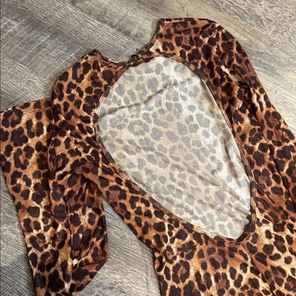 Backless‎ Jumpsuits Cheetah Print Romper Bodycon Jumpsuit Long Sleeve Crew Neck